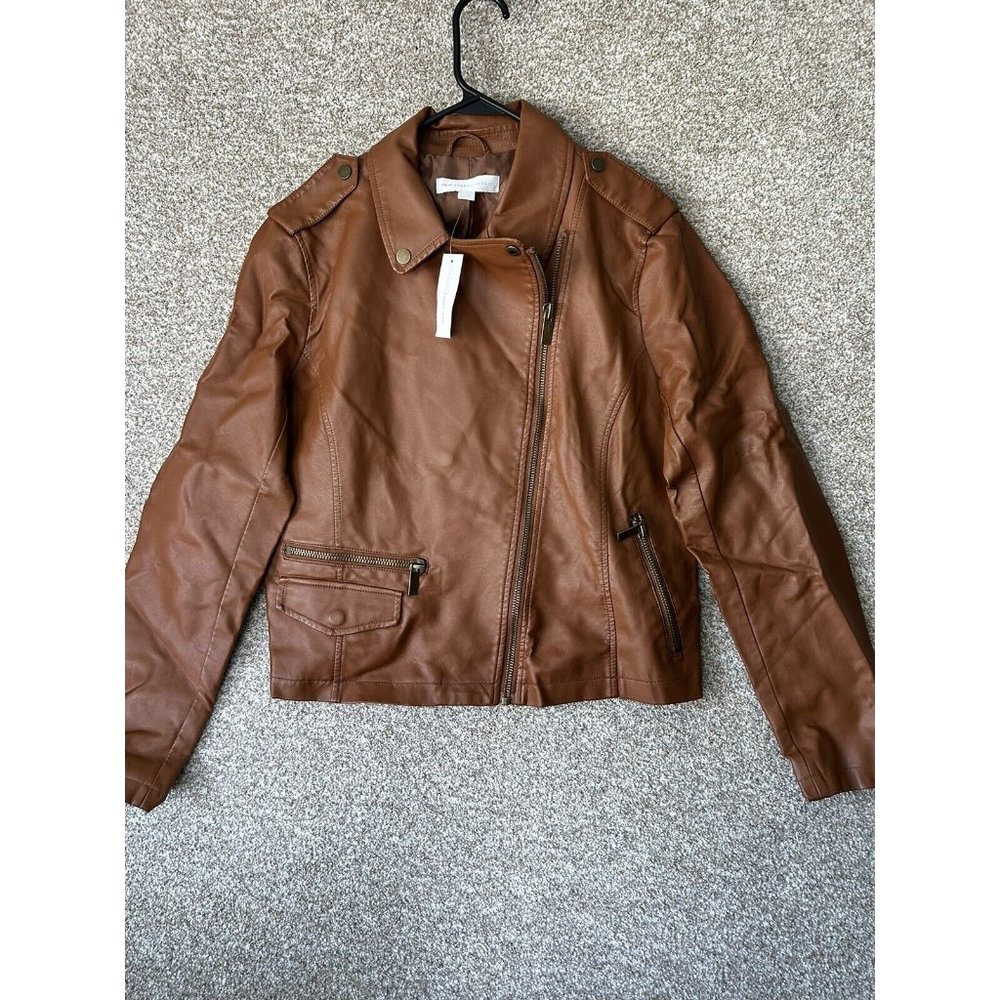 New York & Company Brown Faux Leather Moto Jacket Size Large